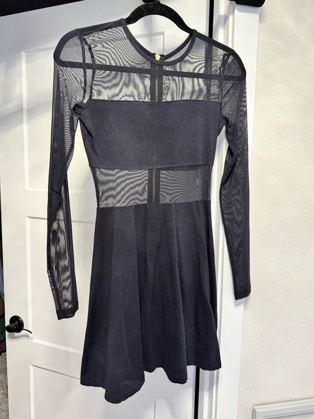 Women's Black Mesh Panel Long Sleeve Fit & Flare Dress